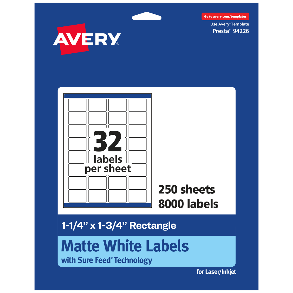AVERY PRODUCTS CORPORATION 94226-WMP250 Avery Permanent Labels With Sure Feed, 94226-WMP250, Rectangle, 1-1/4in x 1-3/4in, White, Pack Of 8,000