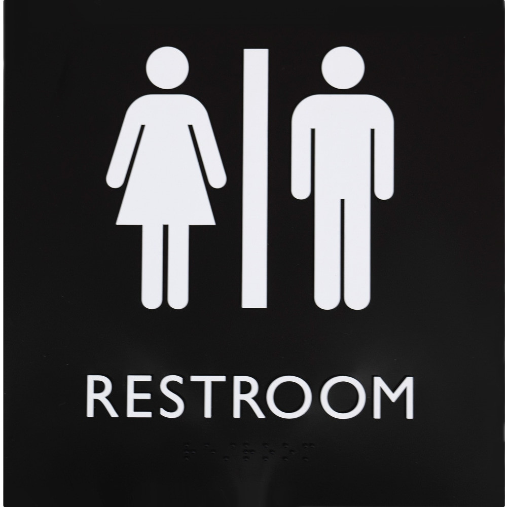 SP RICHARDS 02654 Lorell Unisex Restroom Sign - 1 Each - Restroom (Accessible) Print/Message - 8in Width x 8in Height - Square Shape - Surface-mountable - Easy Readability, Injection-molded - Restroom, Architectural - Plastic - Black, Black