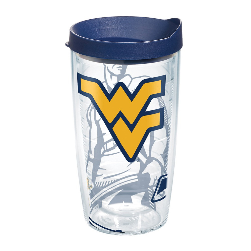 TERVIS TUMBLER COMPANY 1289696 Tervis Genuine NCAA Tumbler With Lid, West Virginia Mountaineers, 16 Oz, Clear