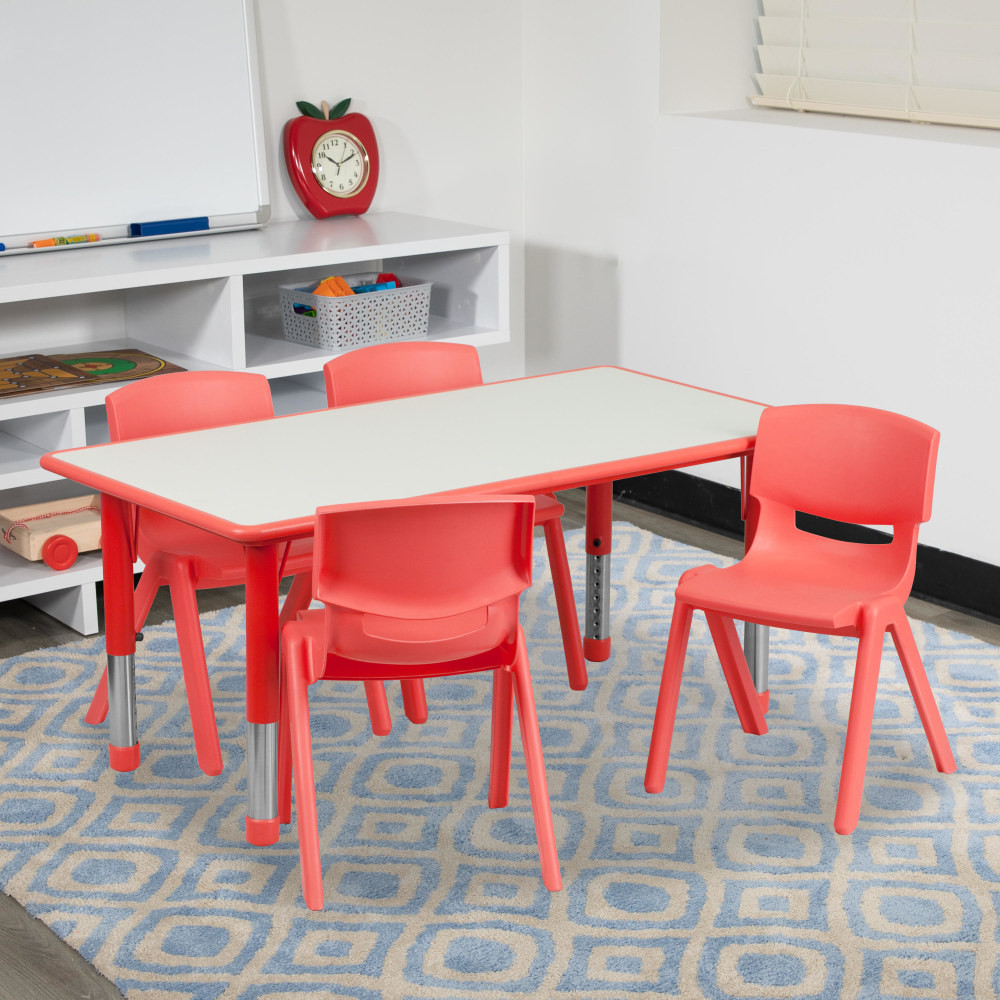 Set up a learning space in your classroom, daycare or church with this Flash Furniture Rectangular Plastic Activity Table and Chairs. The table is built with a durable laminate top that can handle everyday learning and offers a smooth surface for easy writing, crafting and cleanup. Children can enjoy a comfortable seat in the plastic chairs, which boast a 10-1/2in seat height. Plus, you can raise the table as your students grow.  Table features a 1in-thick laminate top with safety rounded corners.  Steel legs adjust in 1in increments.  Table adjusts in height from 14-1/2in to 23-1/2in.  Chairs are crafted with a contoured polypropylene shell.  10-1/2in seat height.  Weight capacity tested to support 220 lb (table) and 154 lb (chair).  Assembly required.