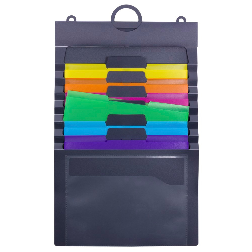 Save space by hanging up this multi-tiered file pocket system  Polypropylene is tear and water resistant and easy to clean.  Includes 6 cascading pockets that can be removed to simplify viewing and accessing documents. Each pocket holds up to 25 sheets of letter-size paper.  Pockets feature bright colors for sorting.  Clear pocket on the front provides extra storage.  Elastic cord closure helps keep contents secure during transport.  Easy to hang level with 3-part hanger  Blank label sheet included for easy organization.  Half-moon shaped tabs hold folders securely in place