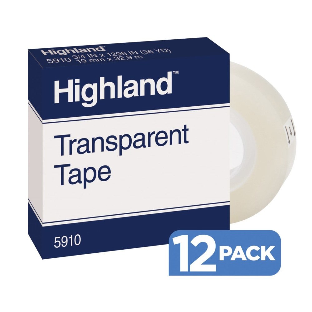 3M CO 5910-3/4X1296PK12 3M Highland 5910 Transparent Tape, 3/4in x 1,296in, Pack Of 12