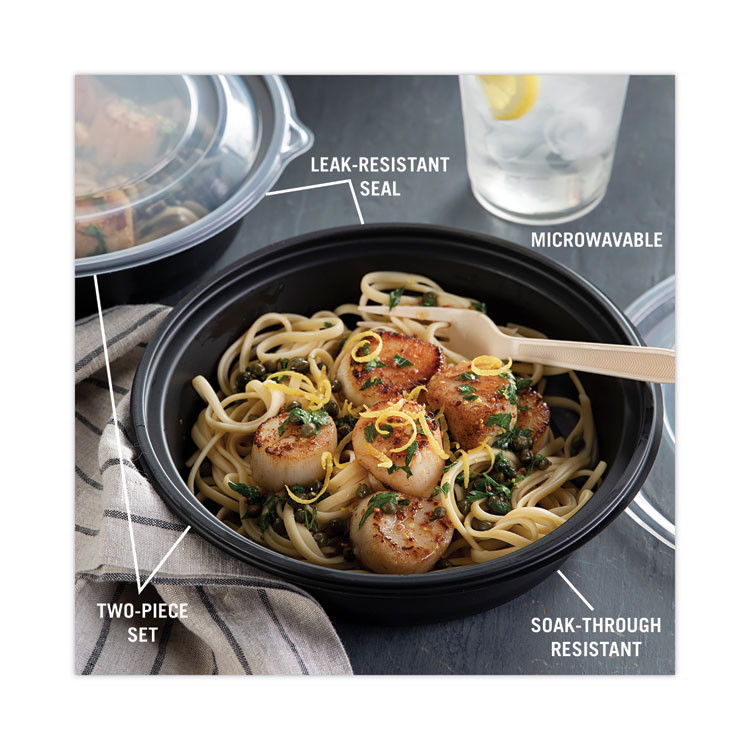 PACTIV EVERGREEN CORPORATION 0CN8083200BL EarthChoice MealMaster Container with Lid, 32 oz, 8" Diameter x 2.12" h, Black/Clear, Plastic, 250/Carton