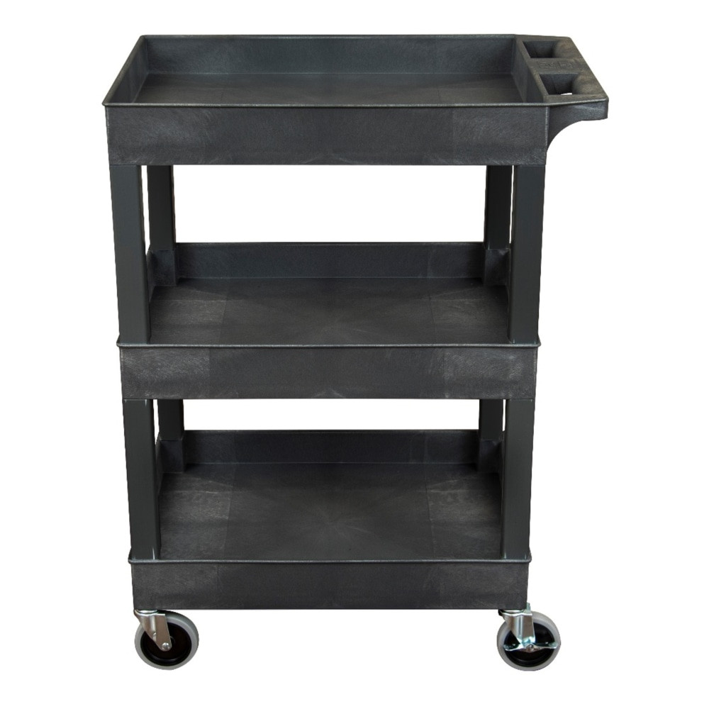 Easily transport heavy loads with the Luxor 3-Shelf Plastic Utility Cart. Full-swivel casters give you a full range of motion to maneuver the cart, and 2 locking brakes offer stability when you need to unload. The durable high-density polyethylene construction can withstand loads up to 400 lb at once.  Durable high-density polyethylene construction.  Resistant to stains, scratches and dents.  2-1/2in deep tub shelves.  Square legs.  Ergonomic push handle in top shelf.  4in full-swivel casters with 2 locking brakes.  Weight capacity tested to support 400 lb.  Assembly required.