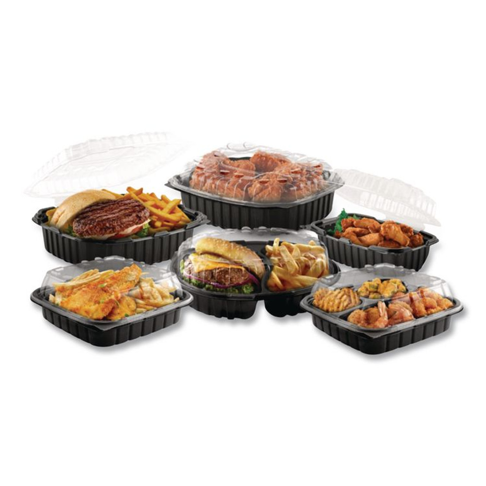 ANCHOR PACKAGING 4699931 Culinary Lites Microwavable 3-Compartment Container, 20 oz/5 oz/5 oz, 9 x 9 x 3.13, Clear/Black, Plastic, 100/Carton