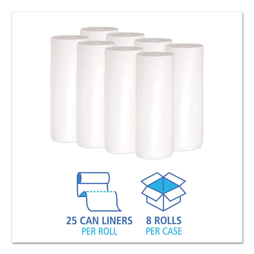 BOARDWALK 3036EXH Low-Density Waste Can Liners, 30 gal, 0.6 mil, 30" x 36", White, Perforated Roll, 25 Bags/Roll, 8 Rolls/Carton