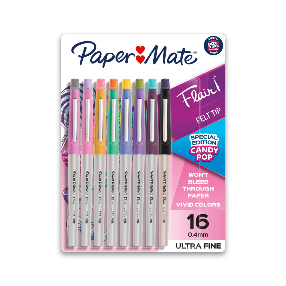 NEWELL BRANDS INC. Paper Mate 2027233  Flair Felt-Tip Pens, Ultra Fine Point, 0.4 mm, Gray Barrel, Assorted Ink, Pack Of 16