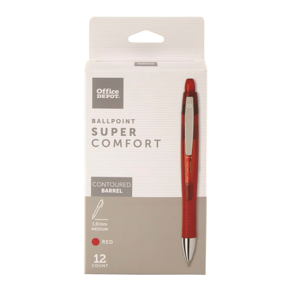 OFFICE DEPOT AH534-12-R  Brand Super Comfort Grip Retractable Ballpoint Pens, Medium Point, 1.0 mm, Red Barrels, Red Ink, Pack Of 12