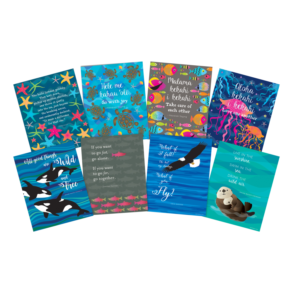 Creating a positive environment for learning can help motivate students to push past their boundaries. These colorful art prints provide kids with an inspiring quote that can spark their imaginations.  Eye-catching art prints contain motivational quotes that help inspire and stir the imaginations of your students.  Colorful art prints are suitable for framing. Frame not included.  Each piece measures 8in x 10in.  Art prints are great for the classroom, workplace or home.  Sea & Sky and Kai Ola designs offer a bright and vibrant look.