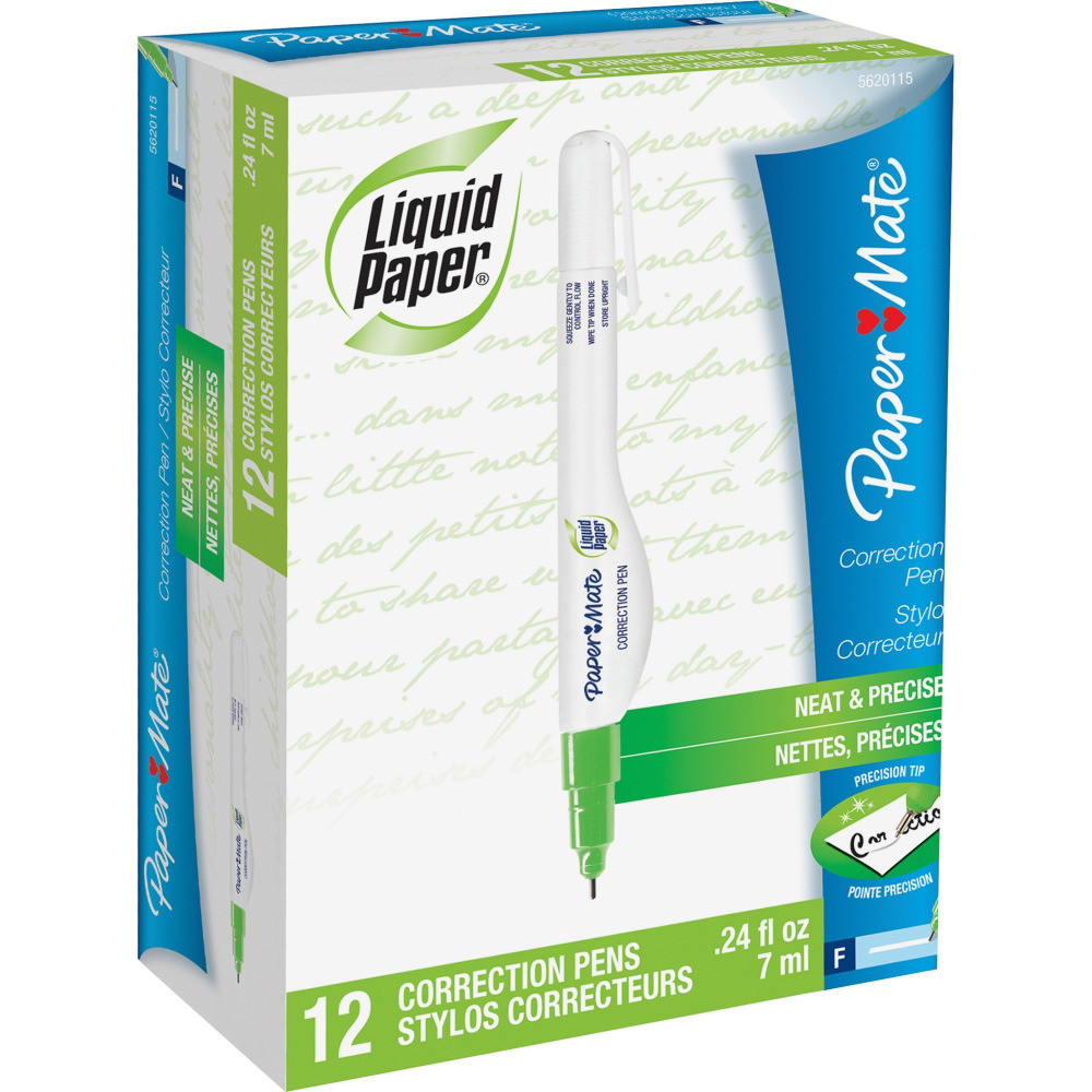 SANFORD LP 5620115BX Paper Mate Liquid Paper All-purpose Correction Pen - 7 mL - Double Ball Tip, Fast-drying, Pocket Clip - 12 / Box