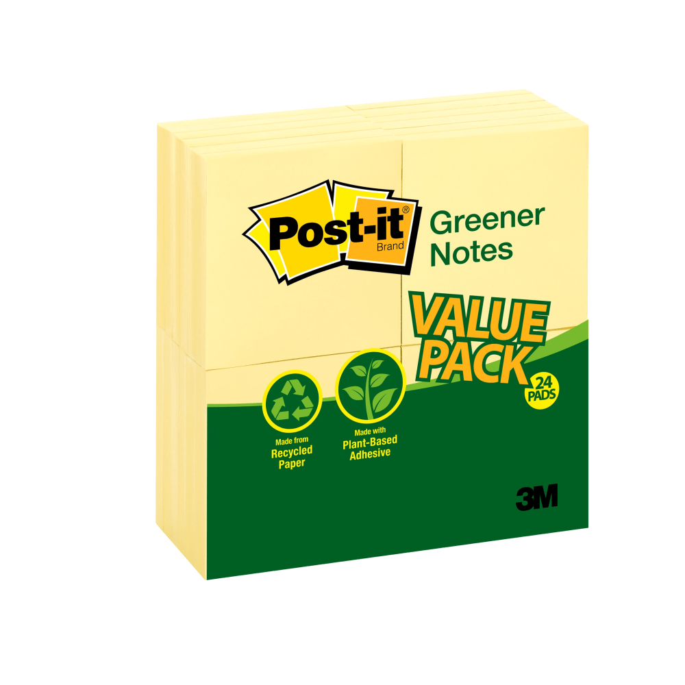 3M CO 654RP24YW Post it Greener Notes, 2400 Total Notes, Pack Of 24 Pads, 100% Recycled, 3in x 3in, Canary Yellow, 100 Notes Per Pad