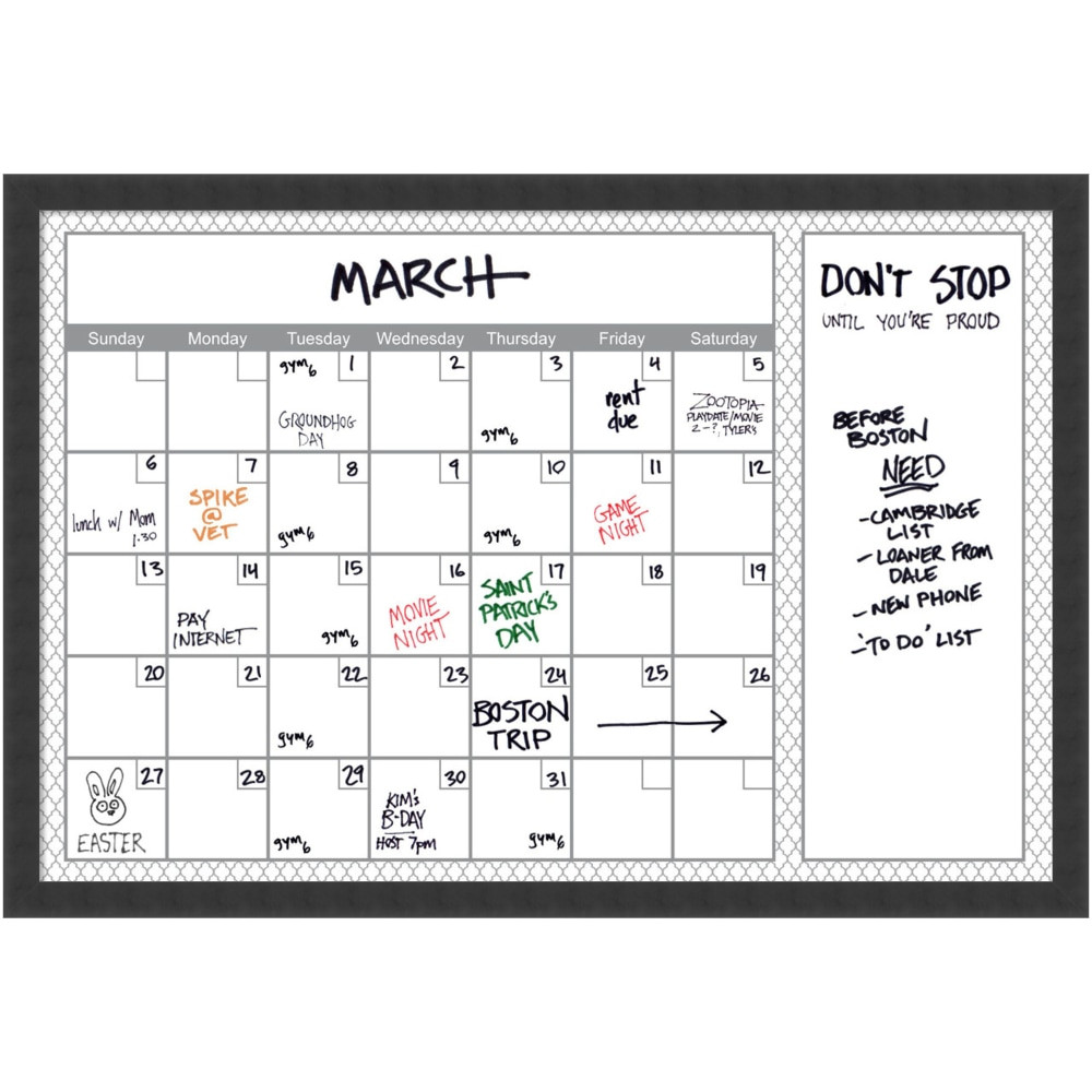 UNIEK INC. Amanti Art A42702973075  Quatrefoil Monthly Calendar Dry-Erase Board, Glass, 26in x 38in, White/Gray, Mezzanotte Black Wood Frame