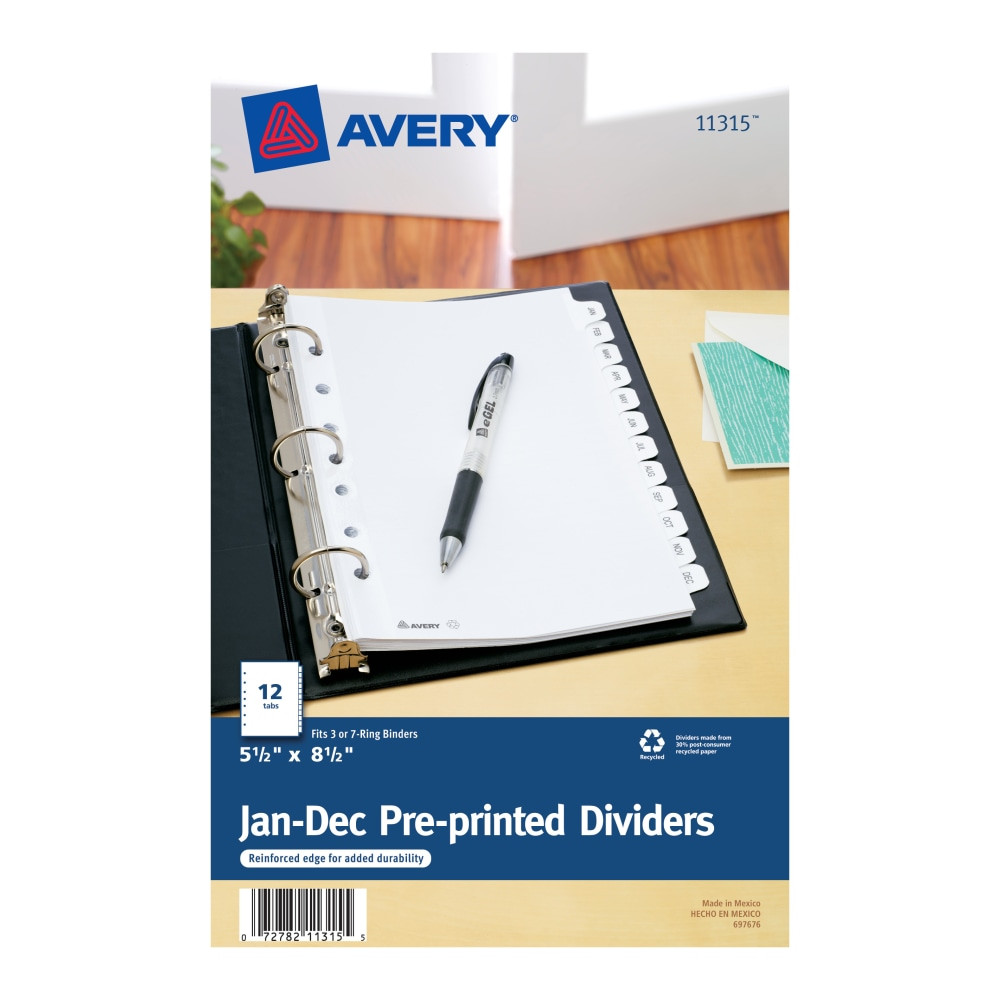 AVERY PRODUCTS CORPORATION 11315 Avery Mini Preprinted Dividers, 5-1/2in x 8-1/2in, 12-Tab (Jan.-Dec.), White, 1 Set