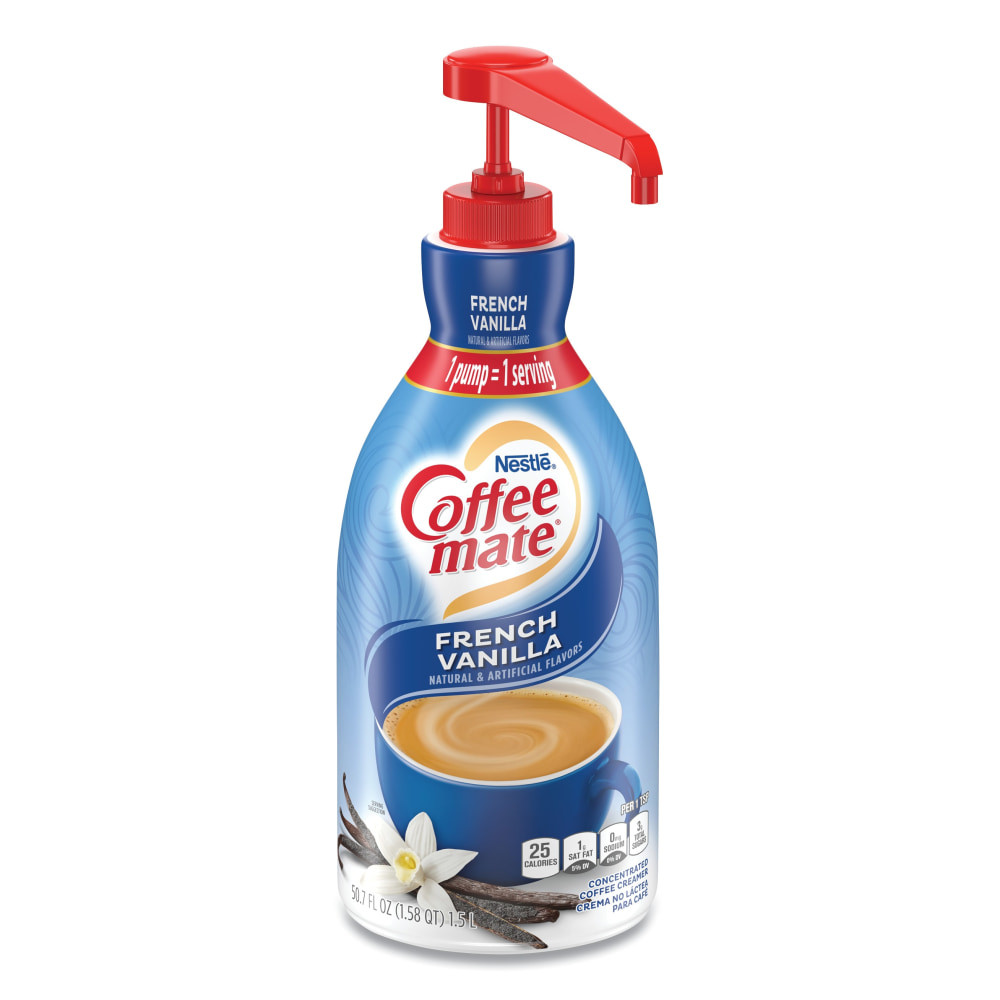 Whether you are hosting a big evening event, an important conference or running a VIP breakfast buffet, offer your guests cafe-style coffee on a budget with this deliciously rich and extremely convenient Coffee-mate flavored liquid creamer.  Creamer pump bottle with an easy-to-use spigot makes dispensing creamer easy and clean.  Simply pump once to dispense a single serving of creamer, its that simple!  Liquid creamer is easy to stir in, leaving no lumps or residue.  Pump is non-removable once installed in line with food safety guidelines.  No need to refrigerate, bottle is good for 30 days once opened.  With 300 servings per bottle, this creamer is ideal for busy establishments or special events.  Lactose-free, gluten-free and kosher, ideal for guests on restricted diets.  Bring some Continental flair to your guests coffee cups with this French Vanilla flavor creamer.  Multiple serve 50.72 Oz pump dispenser bottle.