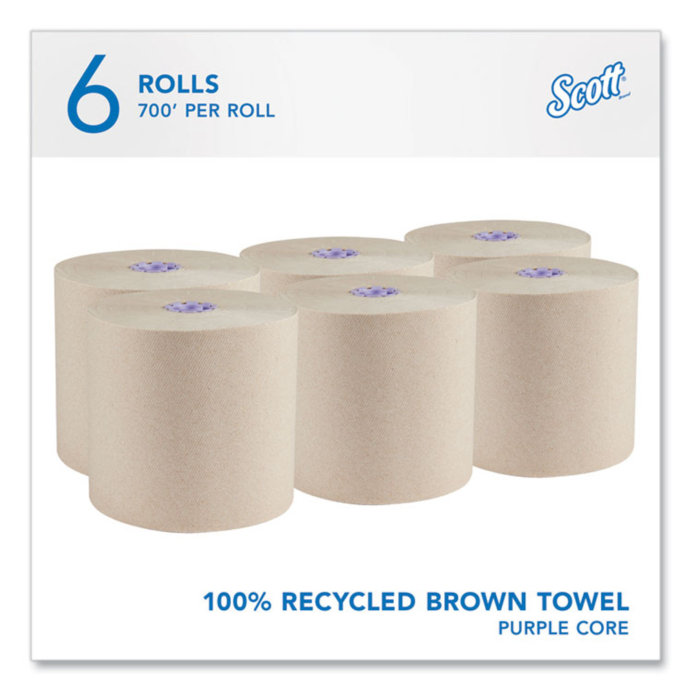 KIMBERLY-CLARK PROFESSIONAL Scott® 54038 Essential 100% Recycled Fiber Hard Roll Towel, 1-Ply, 8" x 700 ft, 1.75" Core, Brown, 6 Rolls/Carton