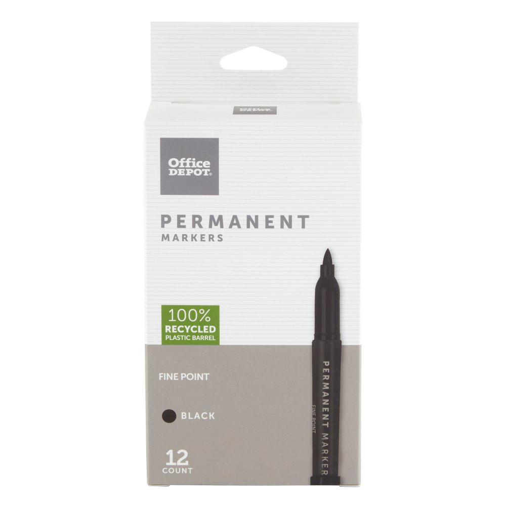 Quick-drying and fade-resistant, these Office Depot markers feature a versatile design thats sure to come in handy at home, in the classroom or at the office. Each marker boasts a fine tip and bold ink, allowing you to create marks that are both precise and vibrantly visible.  Permanent ink is water-resistant and resists fading.  Fine tip lets you create precise lines.  Pocket clips help keep these permanent markers handy.  Dries quickly to help minimize smudging.  Fine-point black markers in a 12-pack are a versatile addition to your office supply closet.  ACMI Certified AP Nontoxic. For detailed information see www.acmiart.org.  Less harsh chemicals - made with fewer harsh chemicals, or safer chemicals than typical alternatives, helping  reduce your use of and exposure to substances that may be more harmful to your health and the environment.  Contains Recycled Content - See Specs for Details.