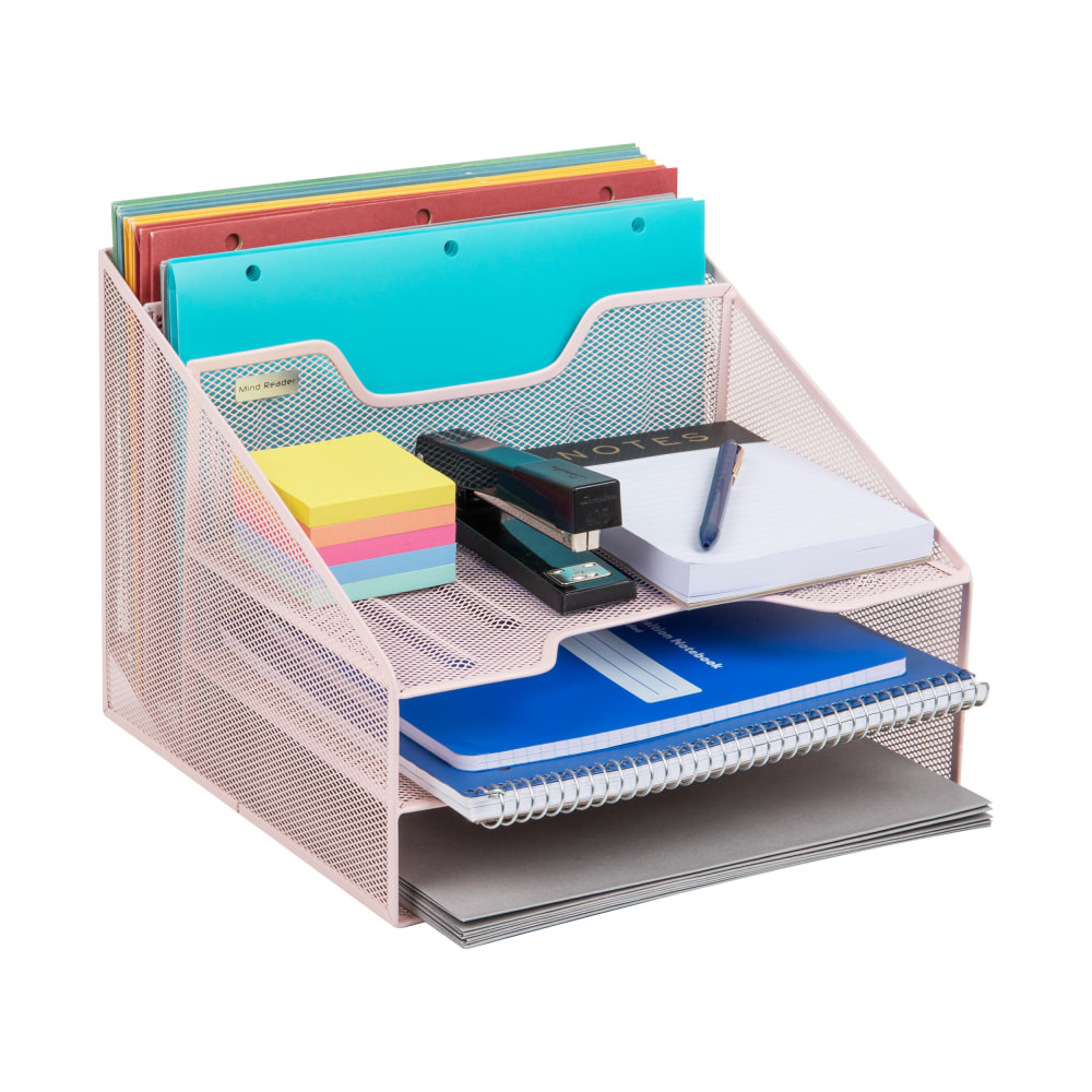 EMS MIND READER LLC Mind Reader MESHBOX5-PNK  Desktop Vertical Paper Tray Organizer, 9-1/2in H x 11-1/2in W x 12-1/2in D, Pink