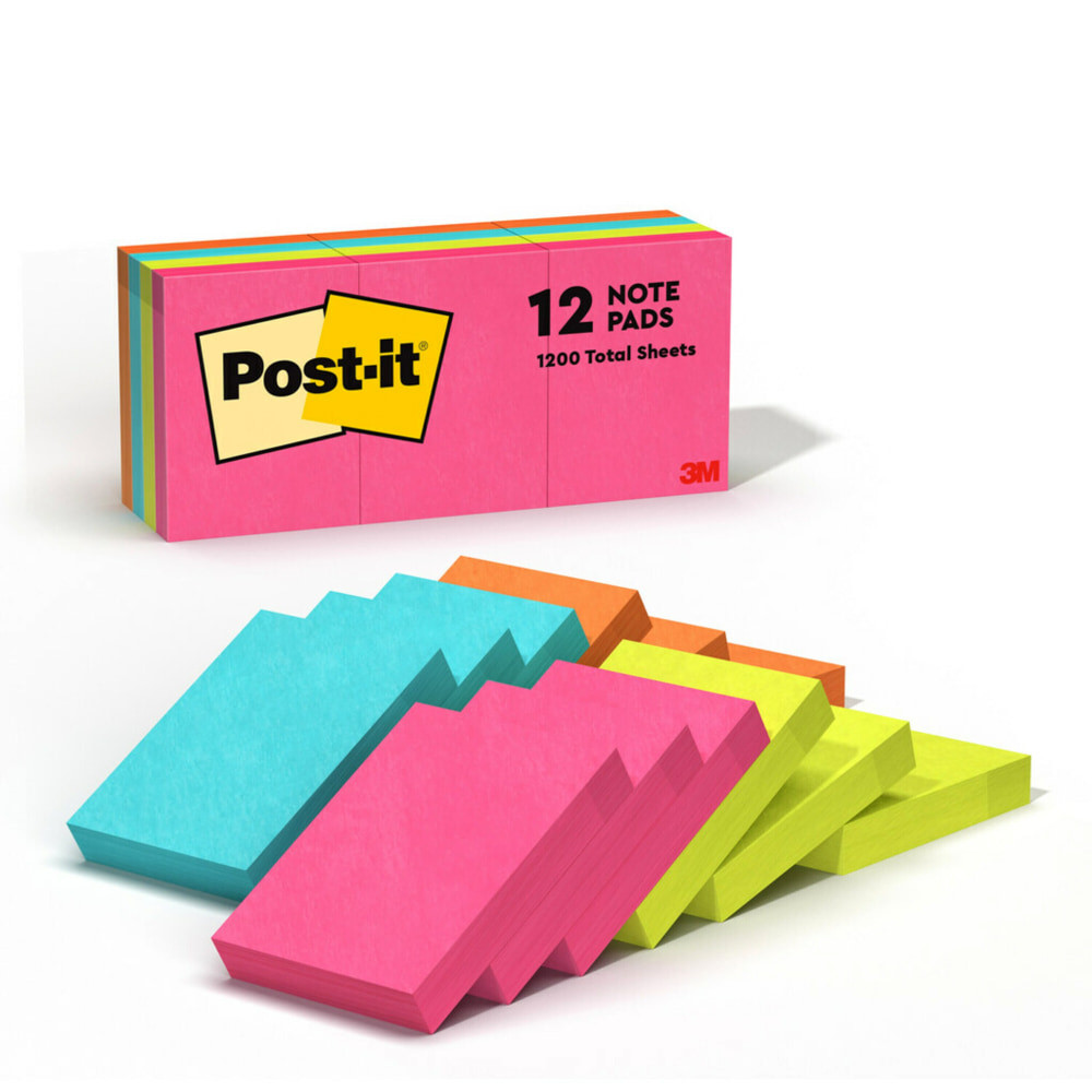 3M CO 653-AN Post-it Notes, 12 Pads, 1 3/8 in x 1 7/8 in, Clean Removal, School Supplies and Office Products, Sticky Notes for Vertical Surfaces, Monitors, Walls and Windows, Poptimistic Collection