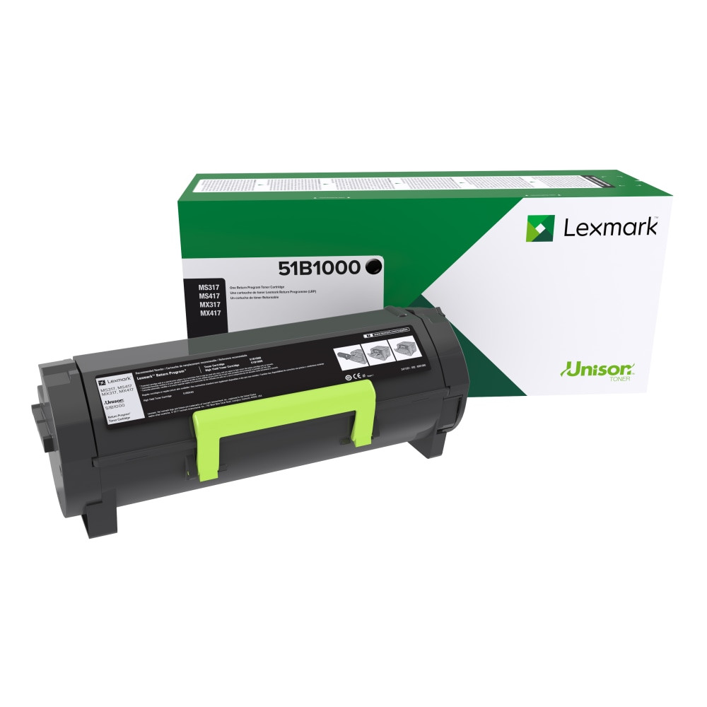 Compatible Lexmark models: MS : MS317DN, MS417DN, MS517DN, MS617dn.   MX : MX317dn, MX417de, MX517de, MX617de.  .    Return Program cartridge for savings  Also works in MS517dn, MS617dn, MX417de and more  Consistent print quality with Unison Toner  Outstanding results page after page  Compatible with Lexmark MS317dn  This genuine Lexmark Toner Cartridge yields up to 2,500 pages.  Features Unison Toner for outstanding imaging quality, from the first page to the last.  Designed to provide exceptional value, reliability and durability in the Unison print system.  Works best together with your Lexmark printer.  Backed by Lexmark's Limited Lifetime Warranty. The Limited Lifetime Warranty is valid until the laser cartridge is depleted of useful amounts of Lexmark toner. This warranty does not apply to Laser Cartridges which have been refilled or to those which are simply empty as a result of normal use. See Statement of Limited Lifetime Warranty for details. Stated yield is based on average continuous black or continuous composite CMY declared cartridge yield in one-sided (simplex) mode up to this number of standard pages in accordance with ISO/IEC 19798 All information contained herein is subject to change without notice. Lexmark is not liable for any errors or omissions.  Recycling solution - designed to encourage recycling, helping you divert materials from landfill.