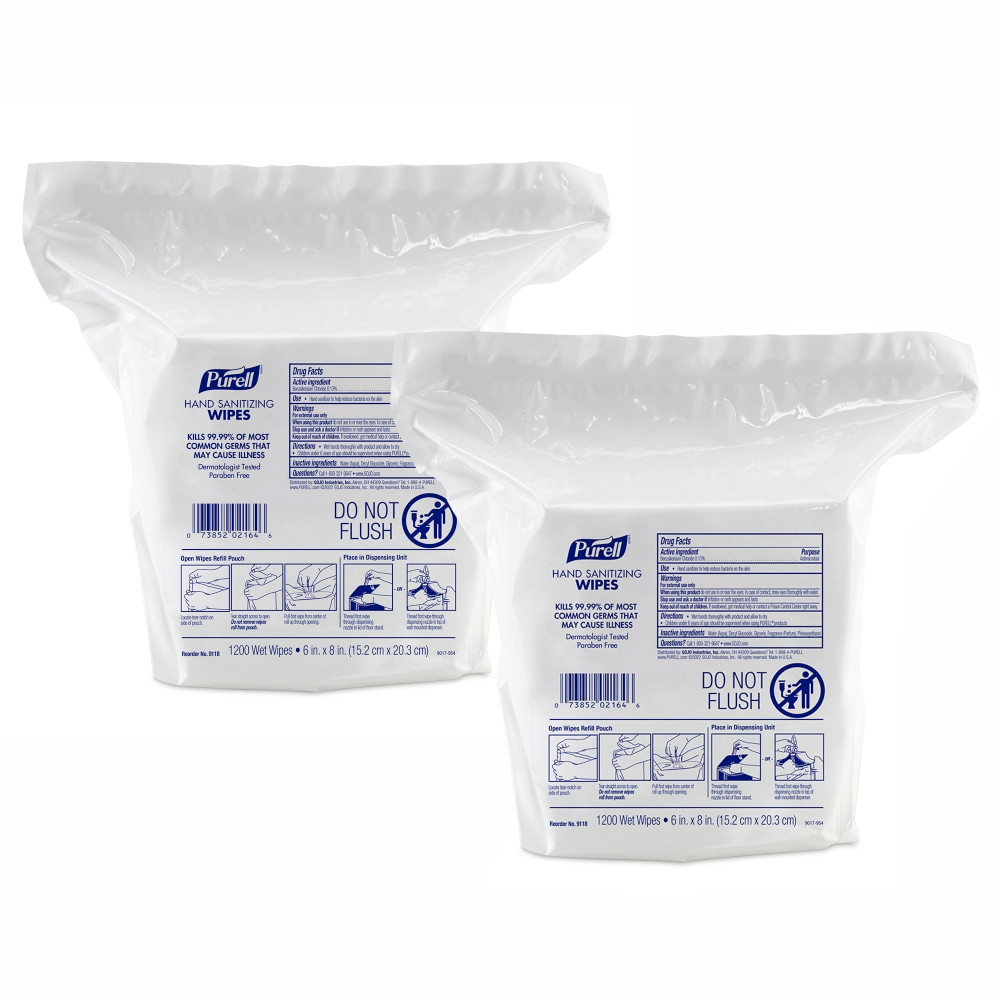 GOJO INDUSTRIES INC 9118-02 Purell Hand Sanitizing Wipes, Unscented, 1200 Wipes Per Pack, Carton Of 2 Packs