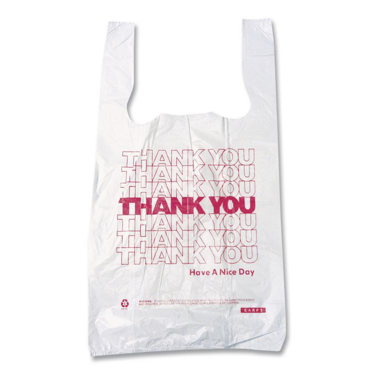 BROWN PAPER GOODS Barnes Company 10519THYOU Thank You High-Density Shopping Bags, Have a Nice Day Labeling, Cut-Out Handles, 10" x 5" x 19", White/Red, 2,000/Carton