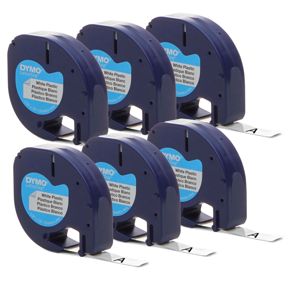 DYMO LetraTag Plastic Labels are tough and tear-resistant and print black text on white labels. Created specifically for your LetraTag label maker, they provide an economical solution for labeling almost anything, anywhere in your home.  Direct Thermal print technology compatible with Dymo LetraTag Personal Labelmakers  1/2in x 13ft; Black print on white plastic background  Flexible performance with fast and easy label application  Easy-peel, split-back design  Includes 6 rolls total.