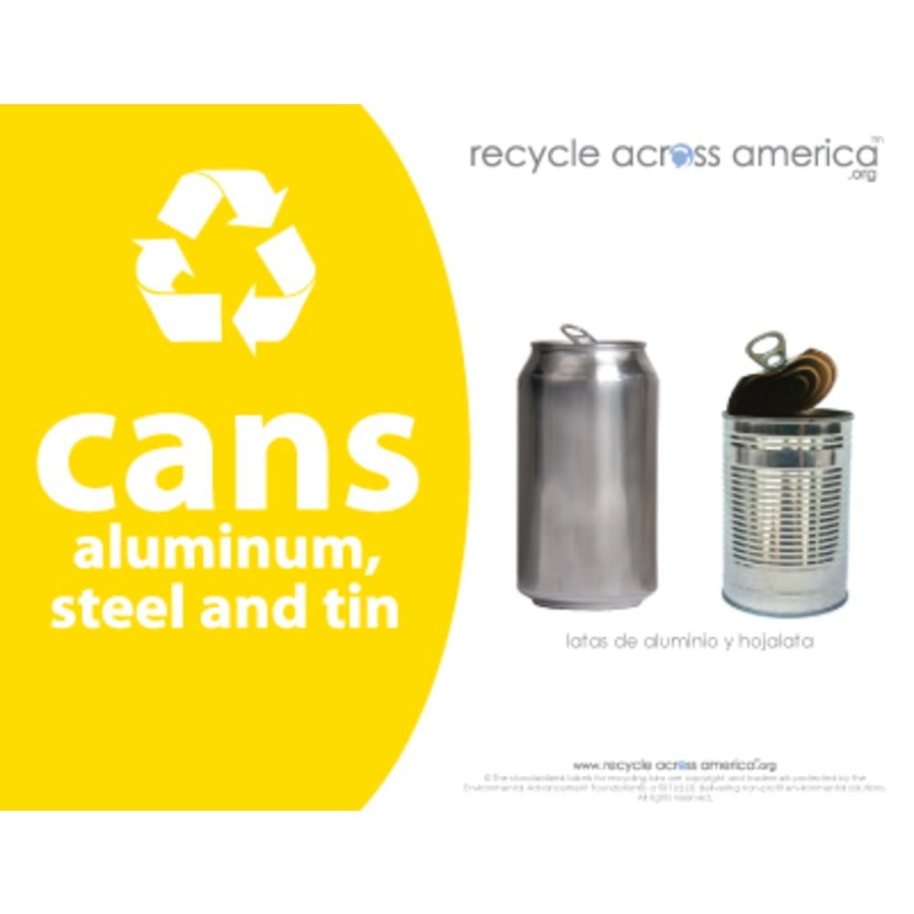 PACKAGING DYNAMICS Recycle Across America CANS-8511  Aluminum Cans Standardized Recycling Labels, CANS-8511, 8 1/2in x 11in, Yellow