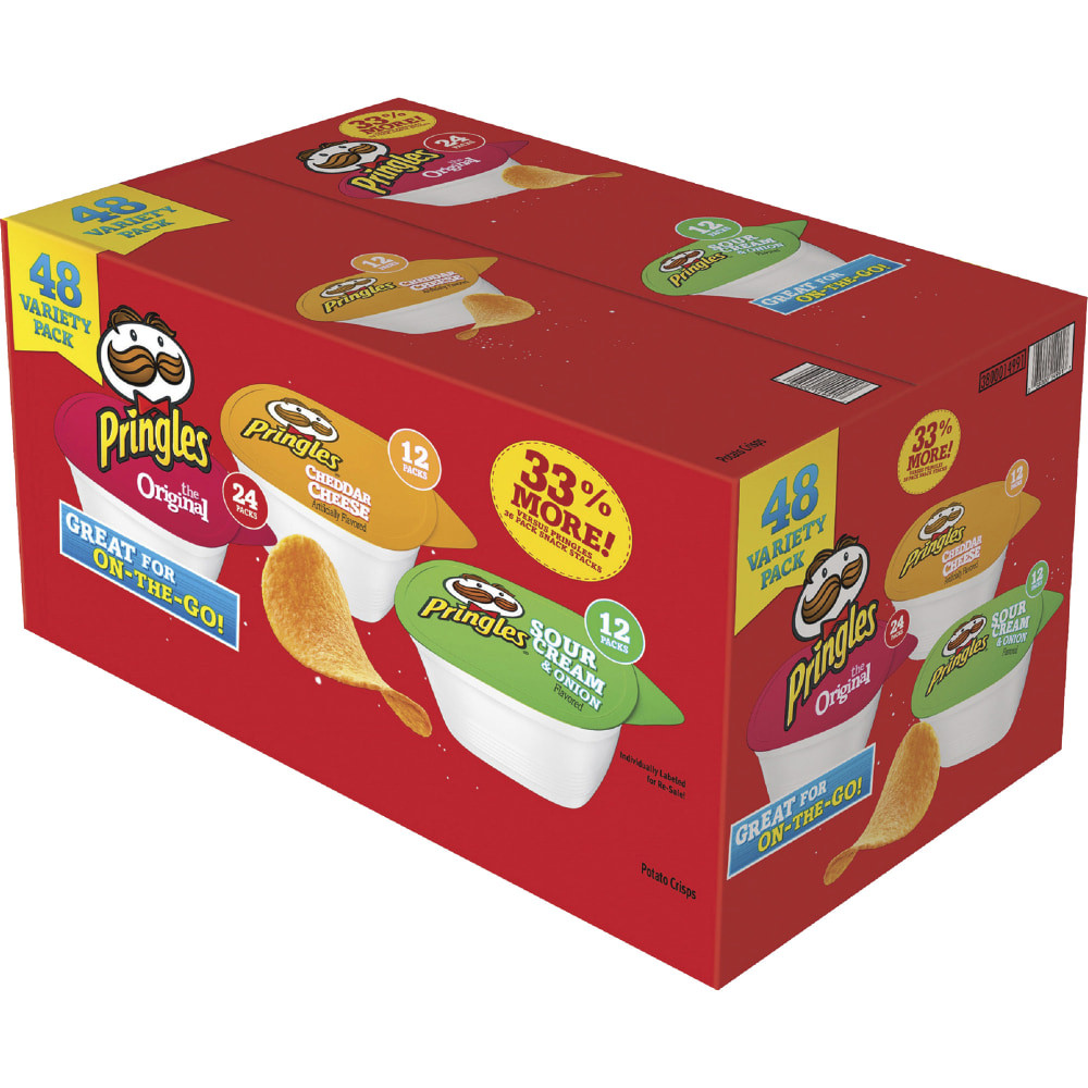 When you are on the go, grab a quick snack from the Pringles Crisps Grab N Go Variety Pack. With a variety of classic flavors to choose from, this pack has something for everyone.  Contains sour cream and onion, original and cheddar cheese crisps.  Portable design allows for on-the-go snacking.  Stacked crisps help prevent breakage.