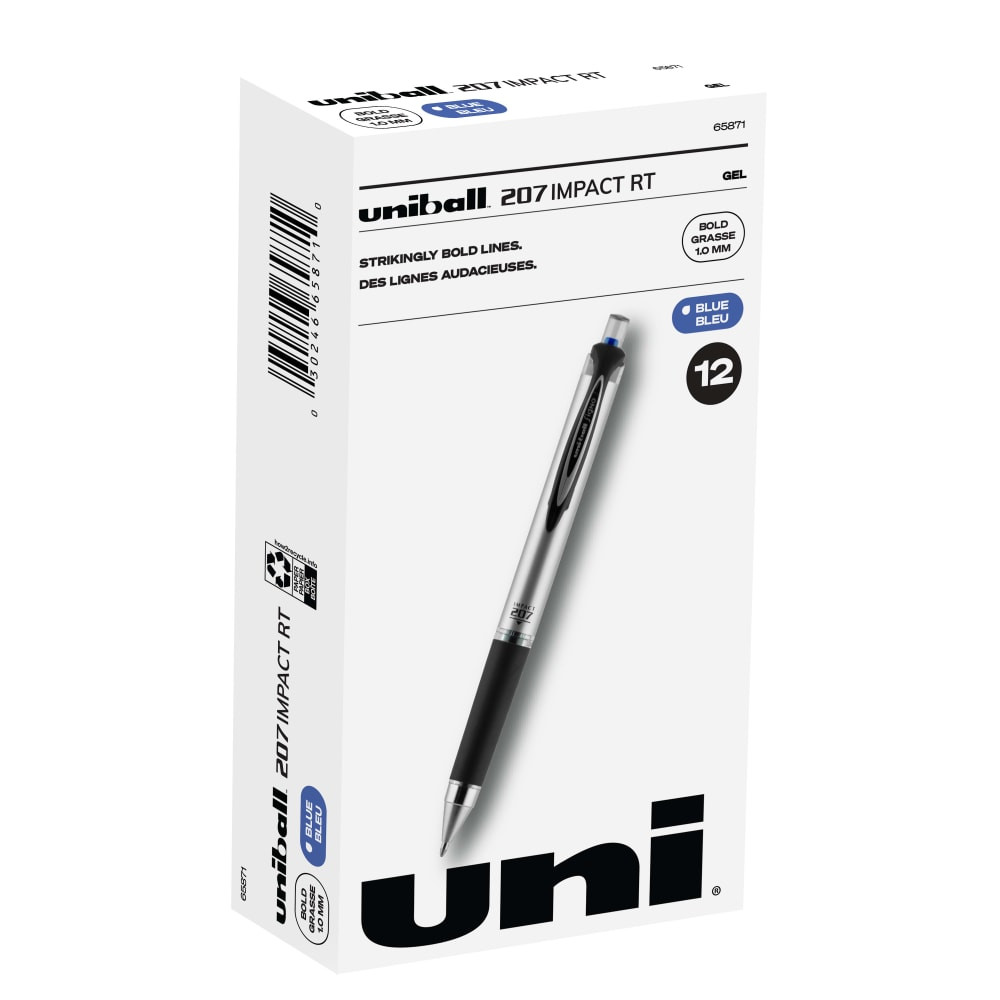 NEWELL BRANDS INC. Uni-Ball 65871  RT Gel Pens, 207 Impact, Bold Point, 1.0 mm, Gray Barrel, Blue Ink, Pack Of 12