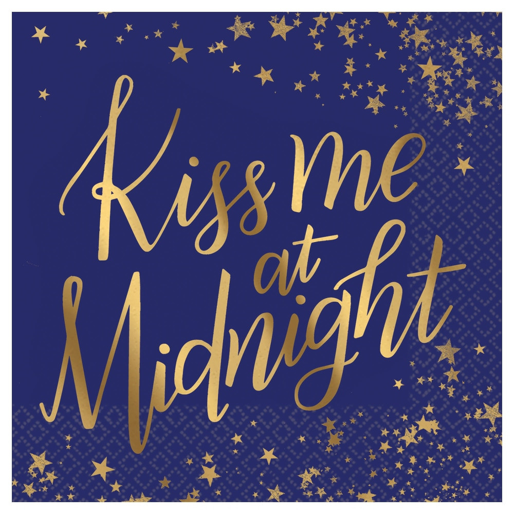AMSCAN CO INC 50777727 Amscan New Years Kiss Me At Midnight 2-Ply Beverage Napkins, 5in x 5in, Blue, 16 Napkins Per Pack, Case Of 4 Packs
