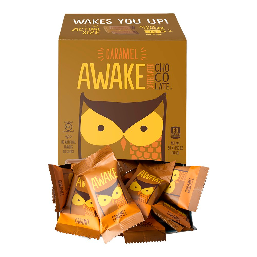 AWAKE CHOCOLATE 00453U AWAKE Caffeinated Caramel Milk Chocolate Bites, 0.53 Oz, Pack Of 50 Bites