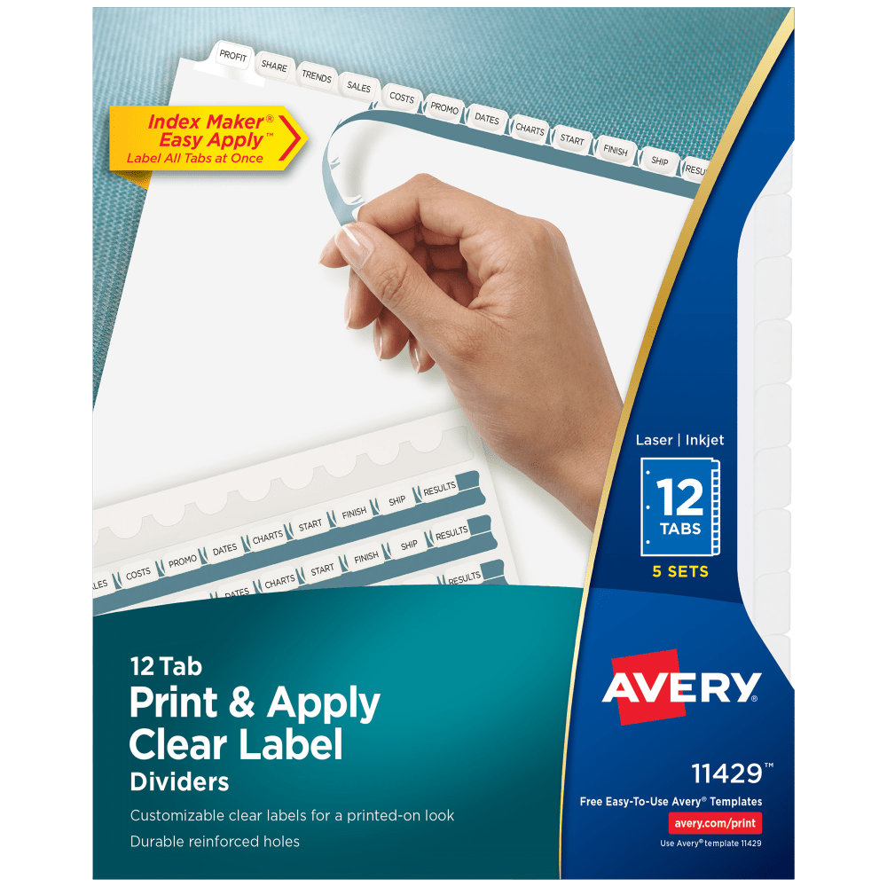 AVERY PRODUCTS CORPORATION 11429 Avery Customizable Index Maker Dividers For 3 Ring Binder, Easy Print & Apply Clear Label Strip, 12 Tab, White, Pack Of 5 Sets