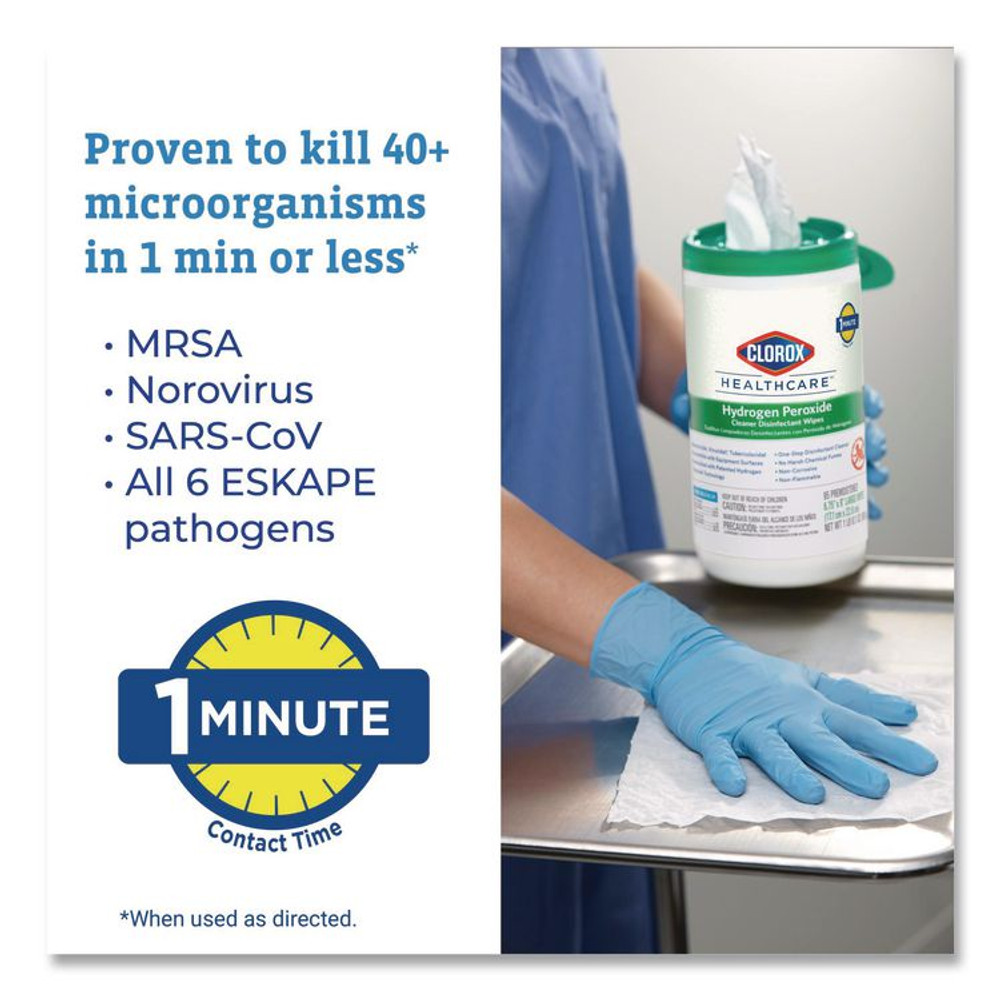 CLOROX SALES CO. Healthcare® 30824 Hydrogen Peroxide Cleaner Disinfectant Wipes, 9 x 6.75, Unscented, White, 95/Canister, 6 Canisters/Carton