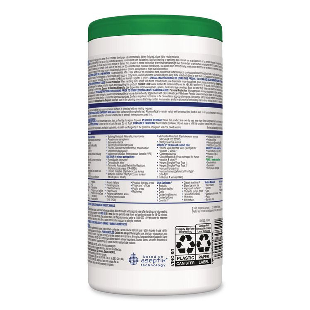 CLOROX SALES CO. Healthcare® 30824 Hydrogen Peroxide Cleaner Disinfectant Wipes, 9 x 6.75, Unscented, White, 95/Canister, 6 Canisters/Carton
