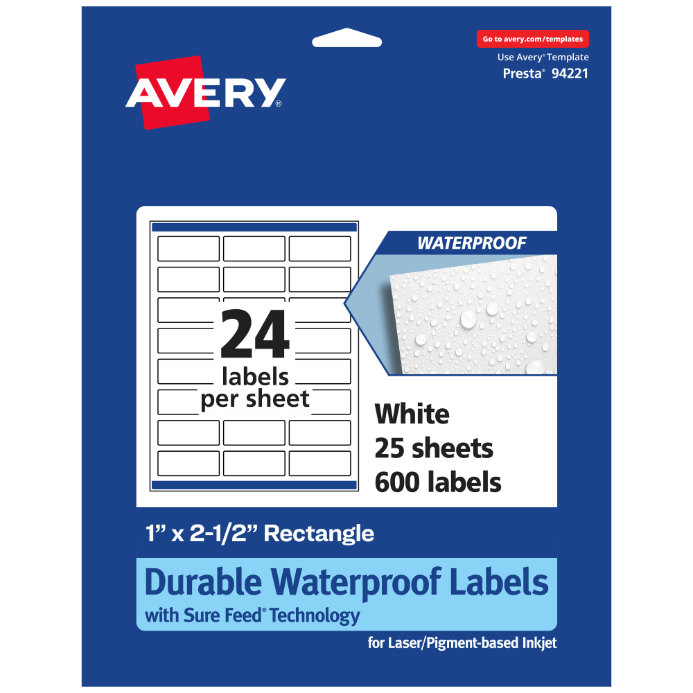 AVERY PRODUCTS CORPORATION 94221-WMF25 Avery Waterproof Permanent Labels With Sure Feed, 94221-WMF25, Rectangle, 1in x 2-1/2in, White, Pack Of 600