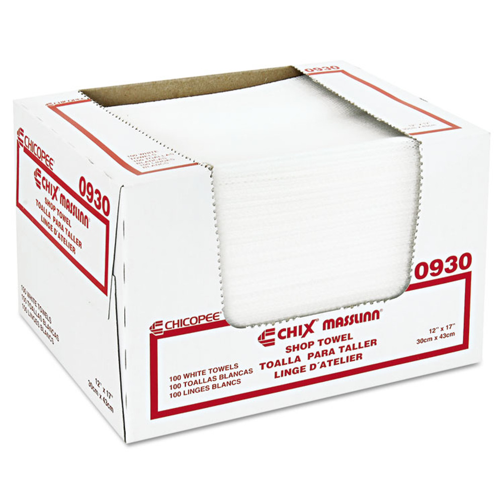 CHICOPEE, INC Chix® 0930 Masslinn Shop Towels, 1-Ply, 12 x 17, Unscented, White, 100/Pack, 12 Packs/Carton