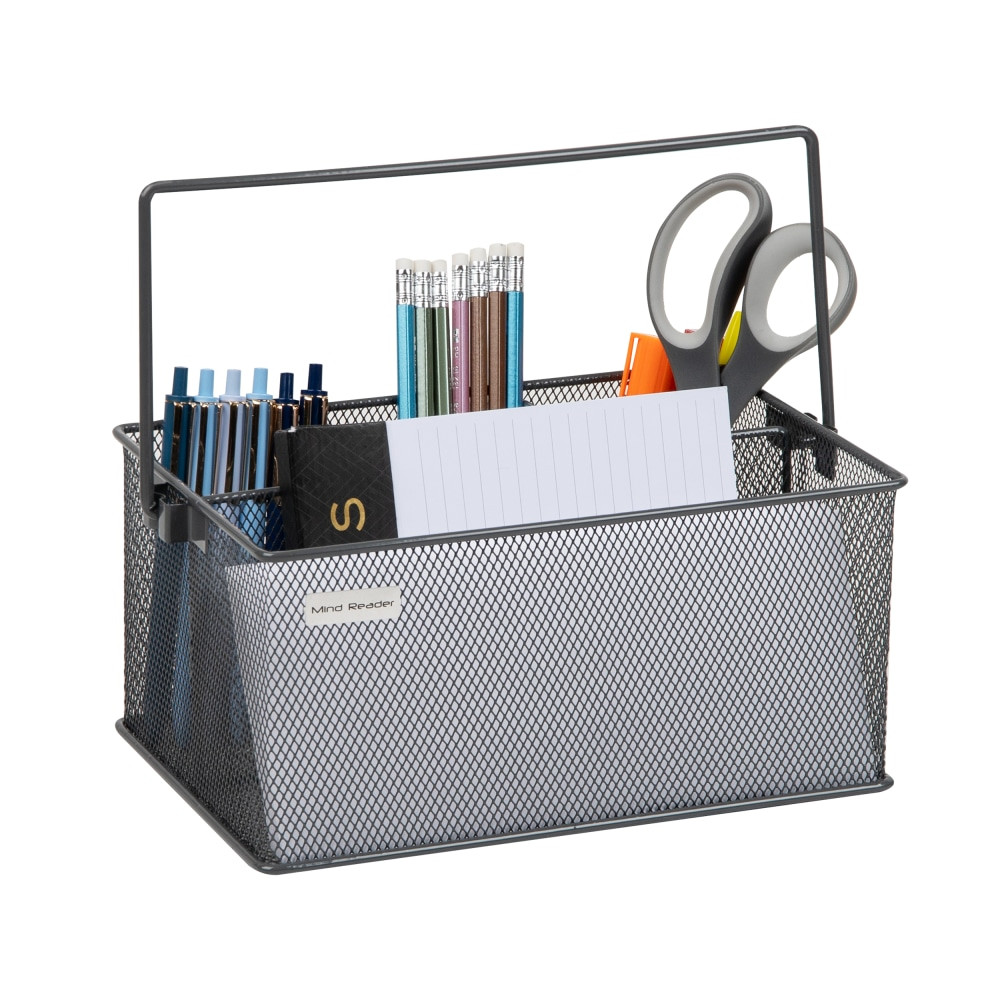 EMS MIND READER LLC MESHBASKET-GRY Mind Reader Network Collection 4-Compartment Utensil or Supply Caddy with Handle, 4-3/4inH x 7inW x 10inL, Grey
