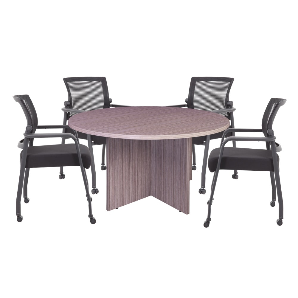 NORSTAR OFFICE PRODUCTS INC. Boss GROUP127DW-B  Office Products 42in Round Table And Mesh Guest Chairs With Casters Set, Driftwood/Black