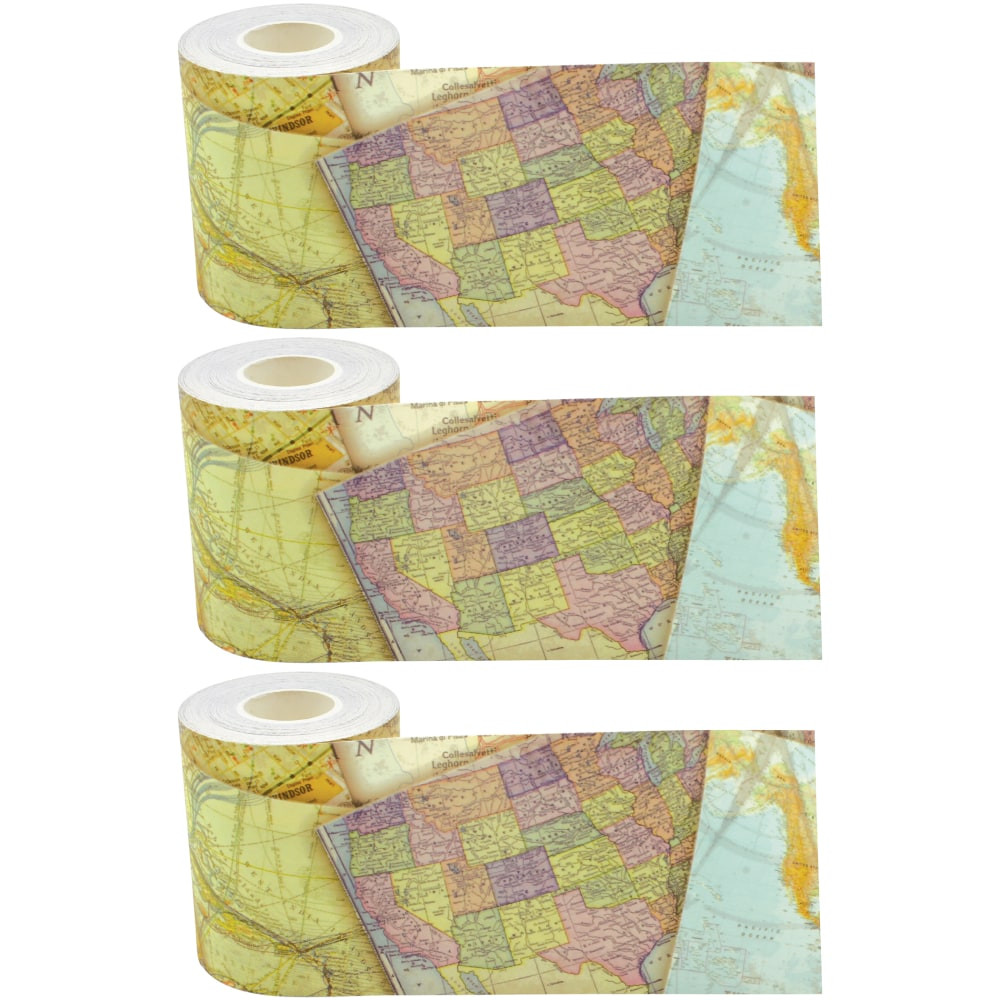 EDUCATORS RESOURCE TCR8921-3 Teacher Created Resources Straight Rolled Border Trim, Travel The Map, 50' Per Roll, Pack Of 3 Rolls