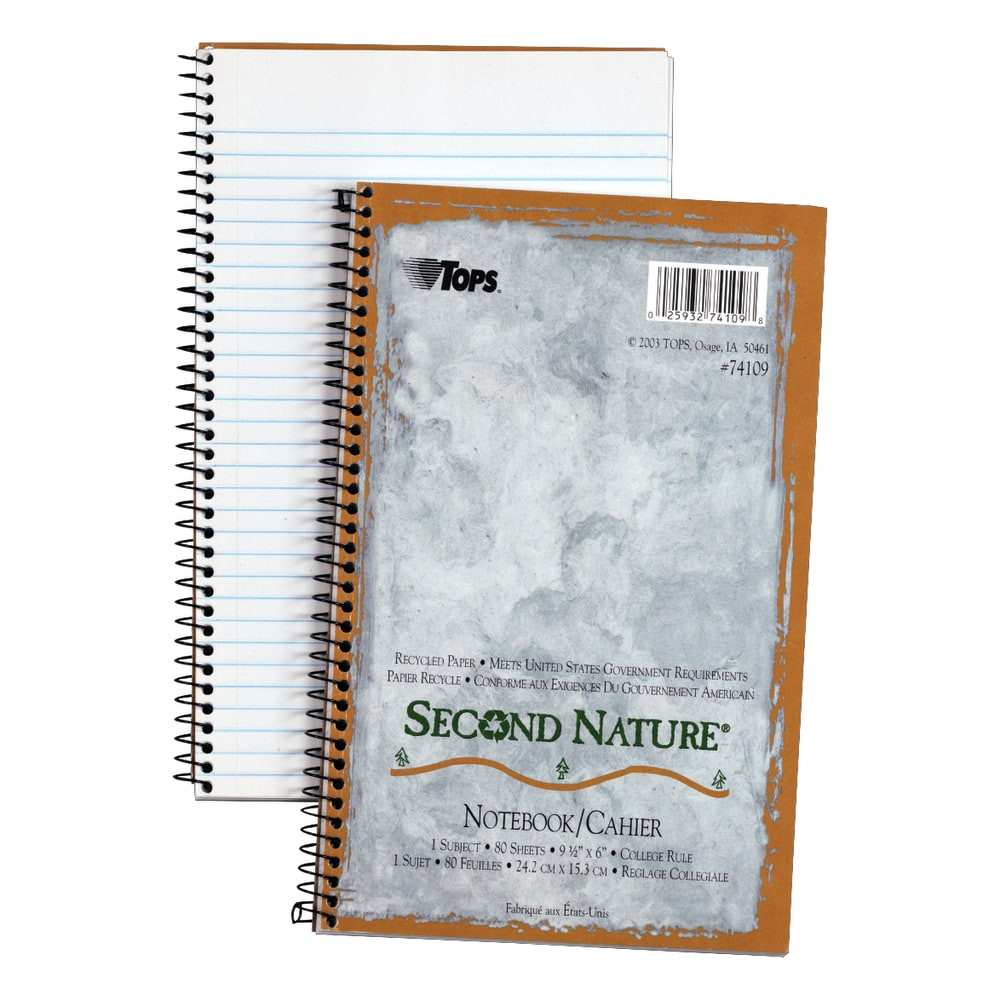 TOPS BUSINESS FORMS TOPS 74109  Second Nature 100% Recycled Perforated Notebook, 6in x 9 1/2in, 1 Subject, College Ruled, 40 Sheets, White