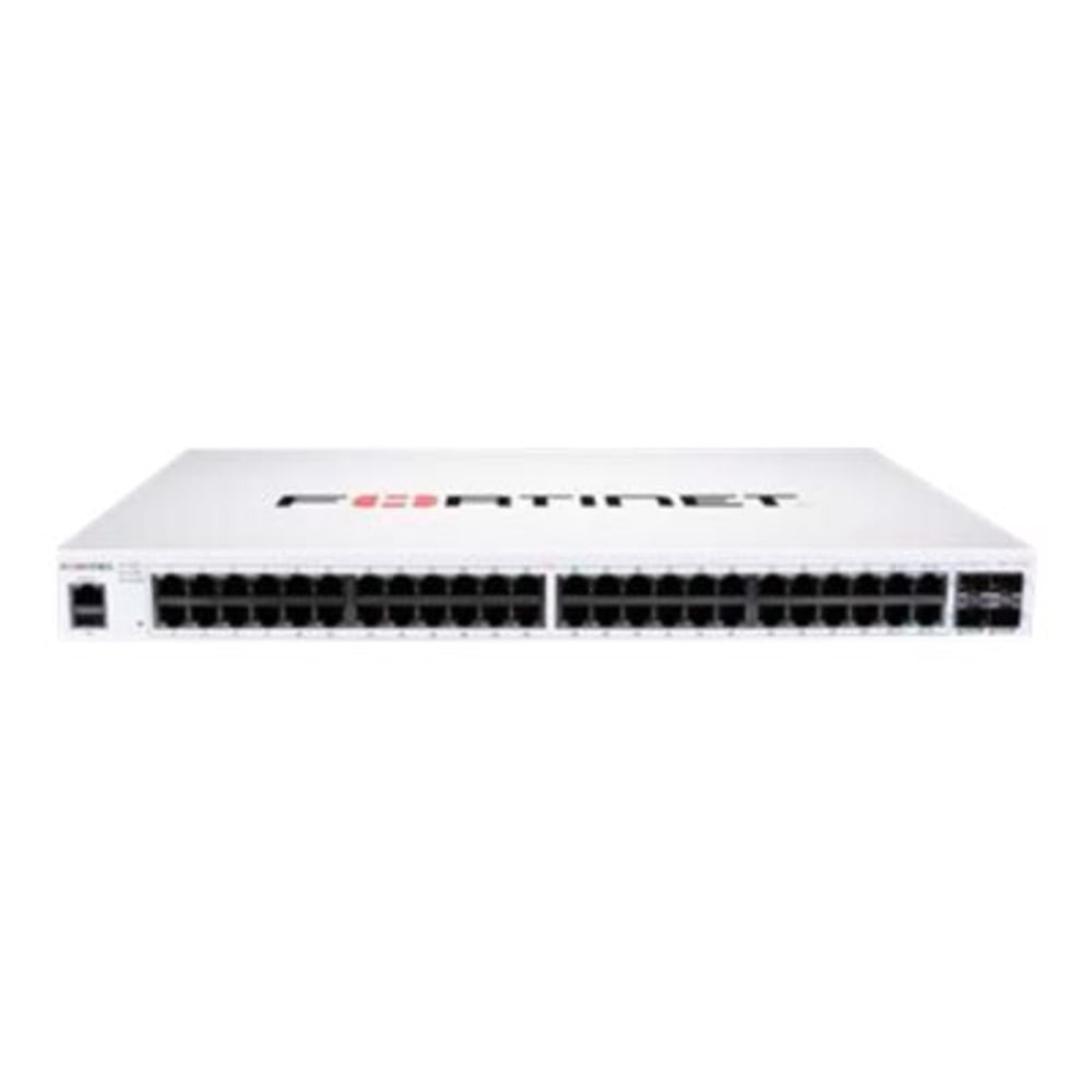 GEORGIA PEACH PRODUCTS, INC. FS-148F-FPOE Fortinet FortiSwitch 148F-FPOE - Switch - managed - 48 x 10/100/1000 (PoE+) + 4 x 10 Gigabit SFP+ - side to back airflow - rack-mountable - PoE+ (740 W)