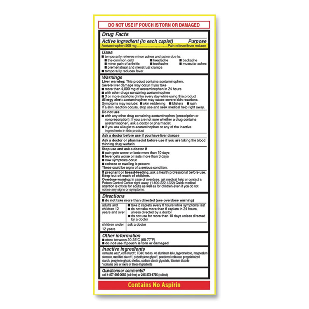 MCNEIL - DIV OF JOHNSON&JOHNSON Tylenol® 97477 Acetaminophen, 500 mg, Extra Strength Caplets, Refill, 2 /Packet, 30 Packets/Box