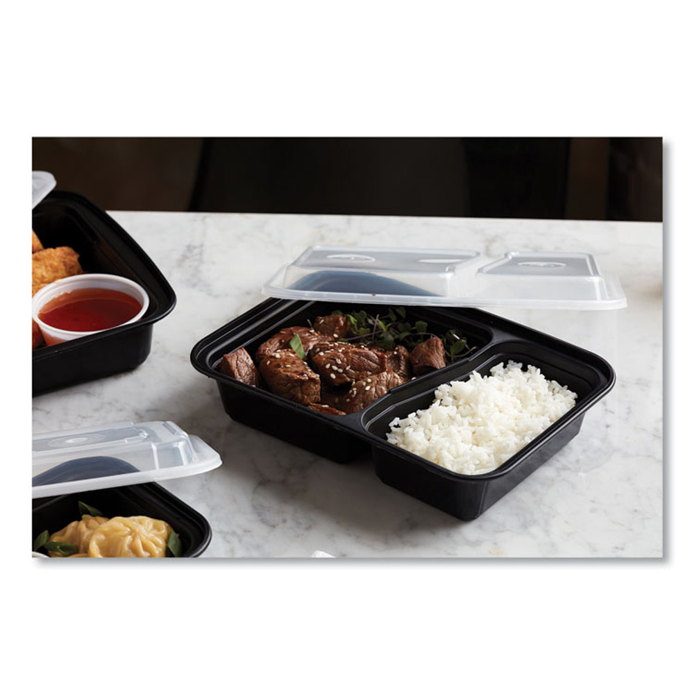 PACTIV EVERGREEN CORPORATION NC8288B Newspring VERSAtainer Microwavable Containers, Rectangular, 2 Compartments, 30 oz, Black/Clear, Plastic, 150/Carton