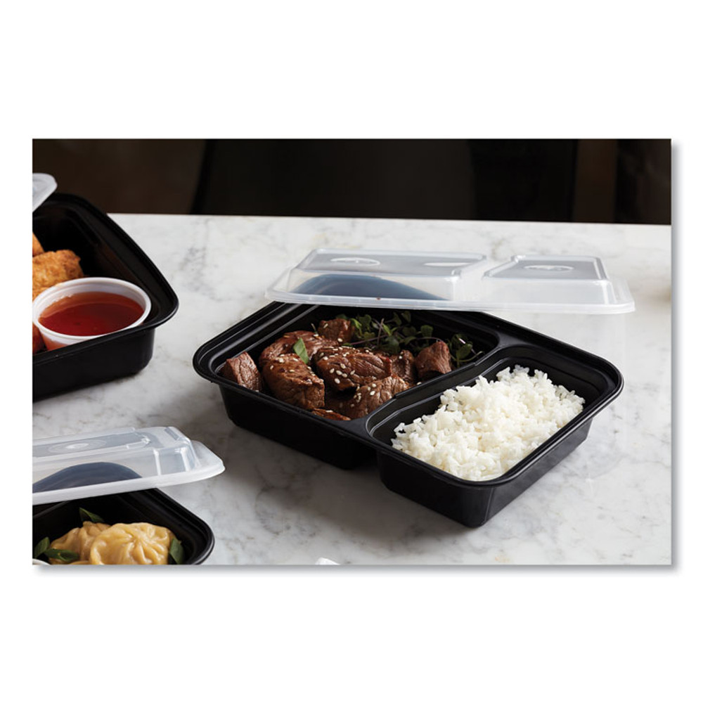 PACTIV EVERGREEN CORPORATION NC8288B Newspring VERSAtainer Microwavable Containers, Rectangular, 2-Compartment, 30 oz, 6 x 8.5 x 2.5, Black/Clear, Plastic, 150/CT