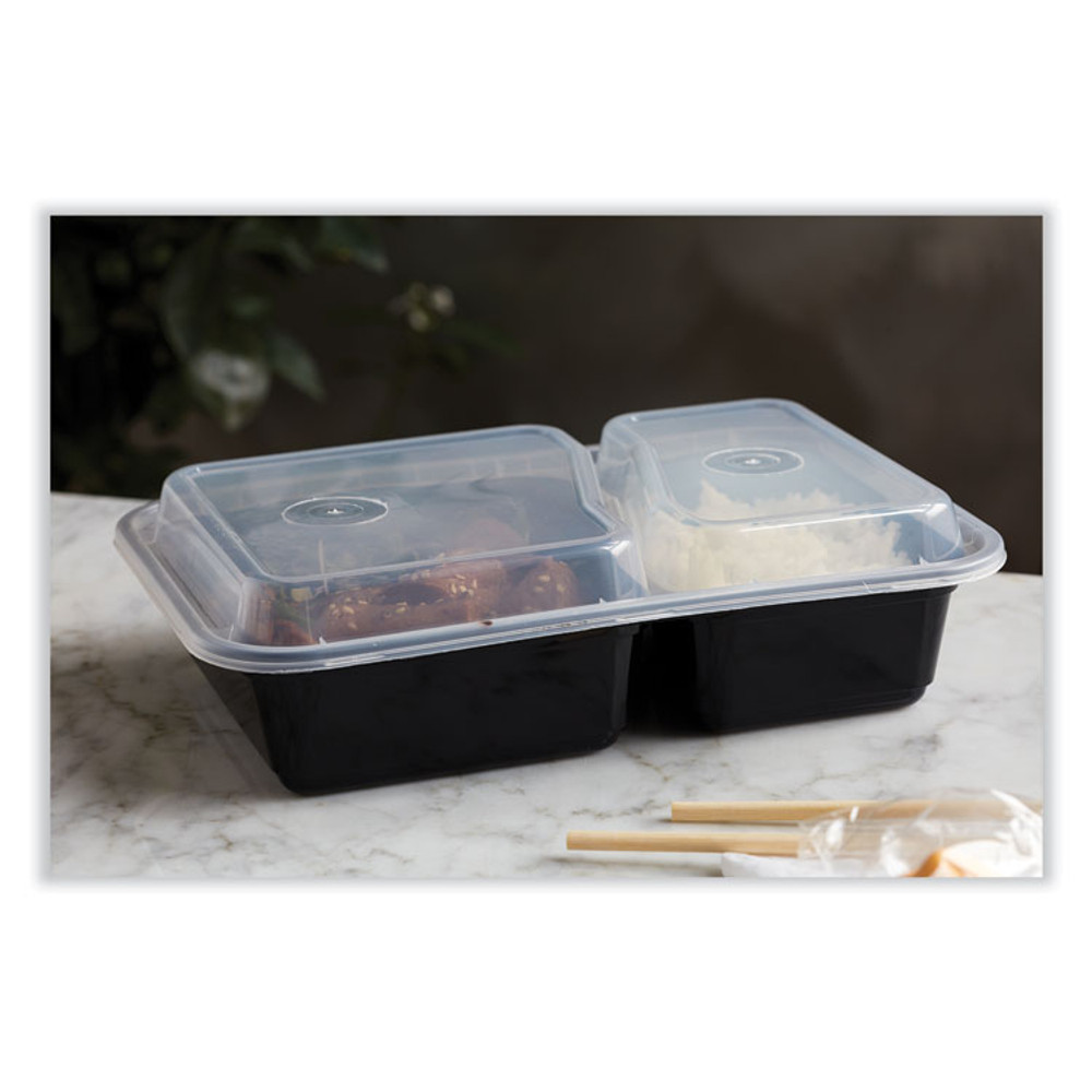 PACTIV EVERGREEN CORPORATION NC8288B Newspring VERSAtainer Microwavable Containers, Rectangular, 2 Compartments, 30 oz, Black/Clear, Plastic, 150/Carton