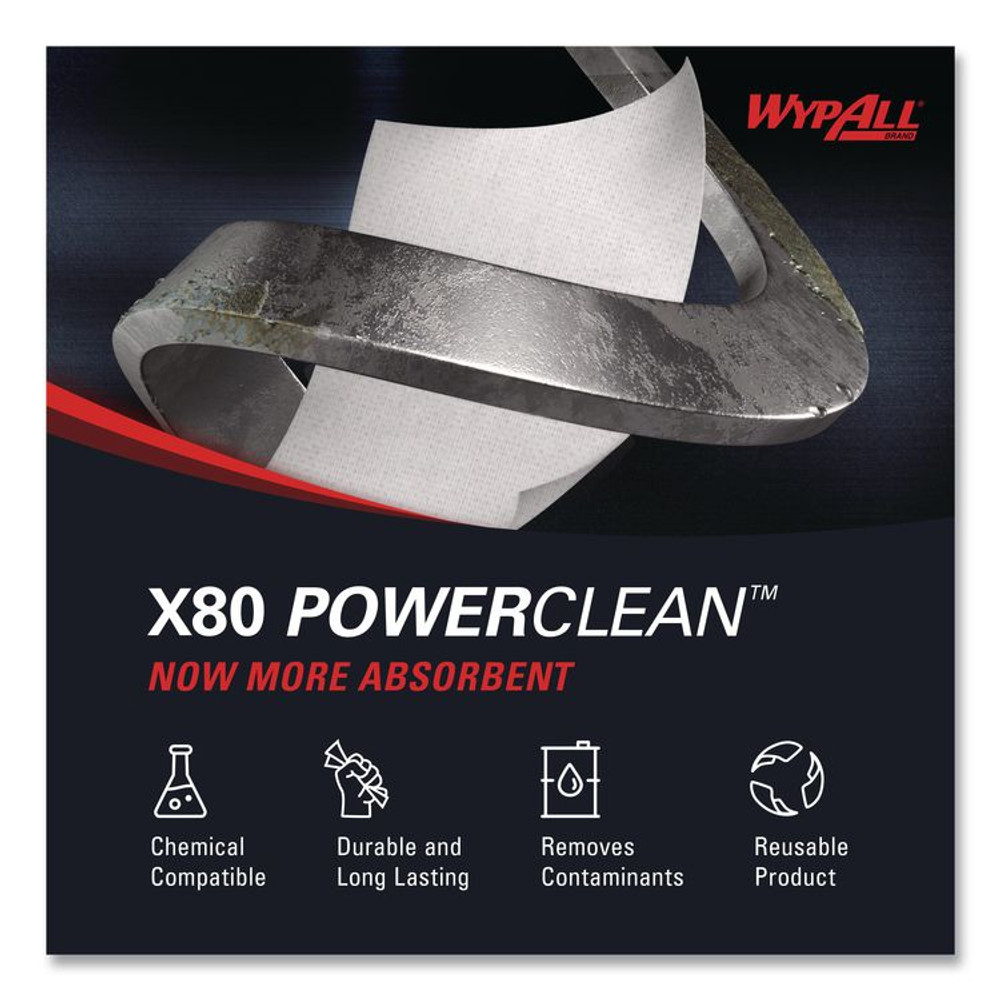 KIMBERLY-CLARK PROFESSIONAL WypAll® 41044 Power Clean X80 Cloths, HYDROKNIT, BRAG Box, 11.1 x 16.8, White, 152/Carton