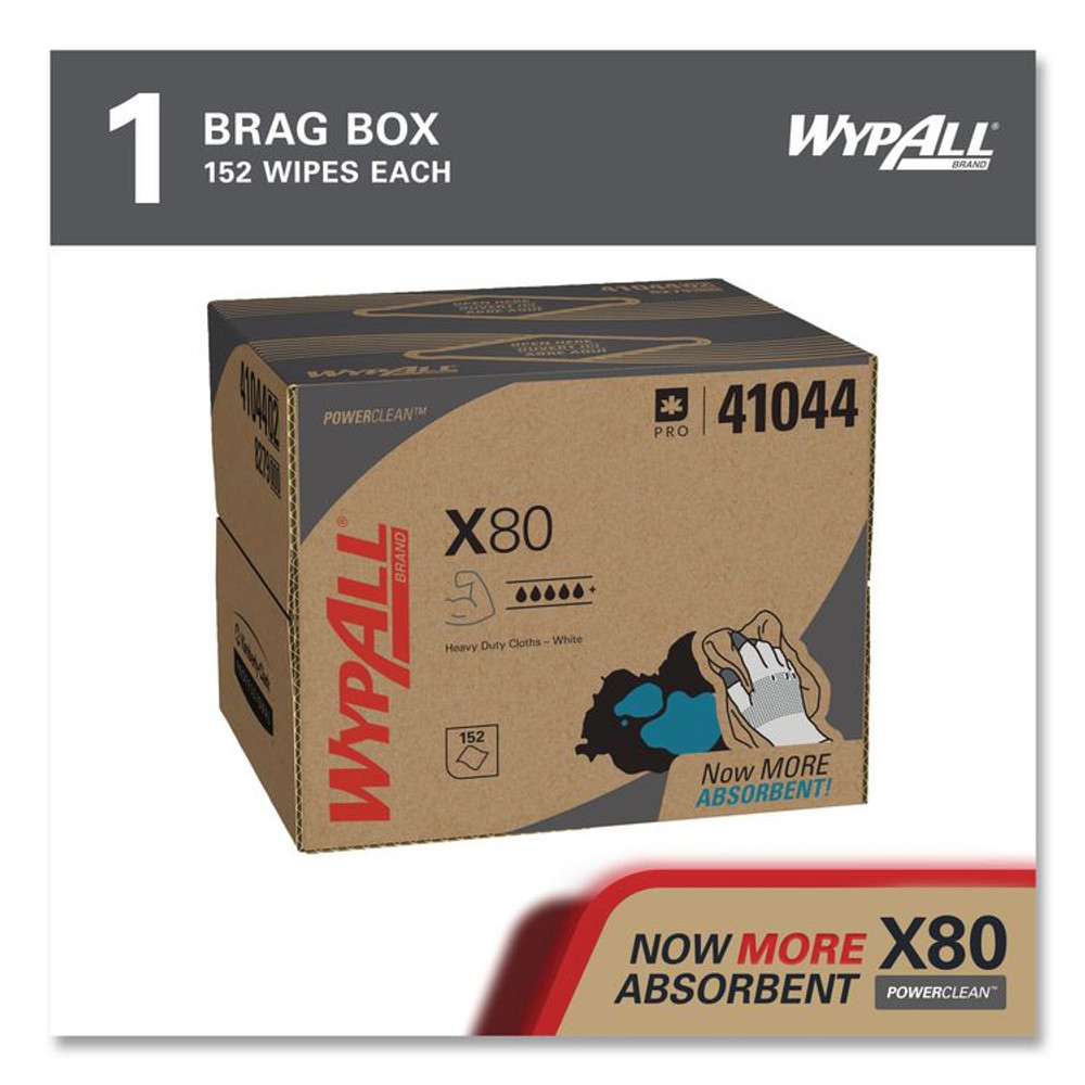 KIMBERLY-CLARK PROFESSIONAL WypAll® 41044 Power Clean X80 Cloths, HYDROKNIT, BRAG Box, 11.1 x 16.8, White, 152/Carton