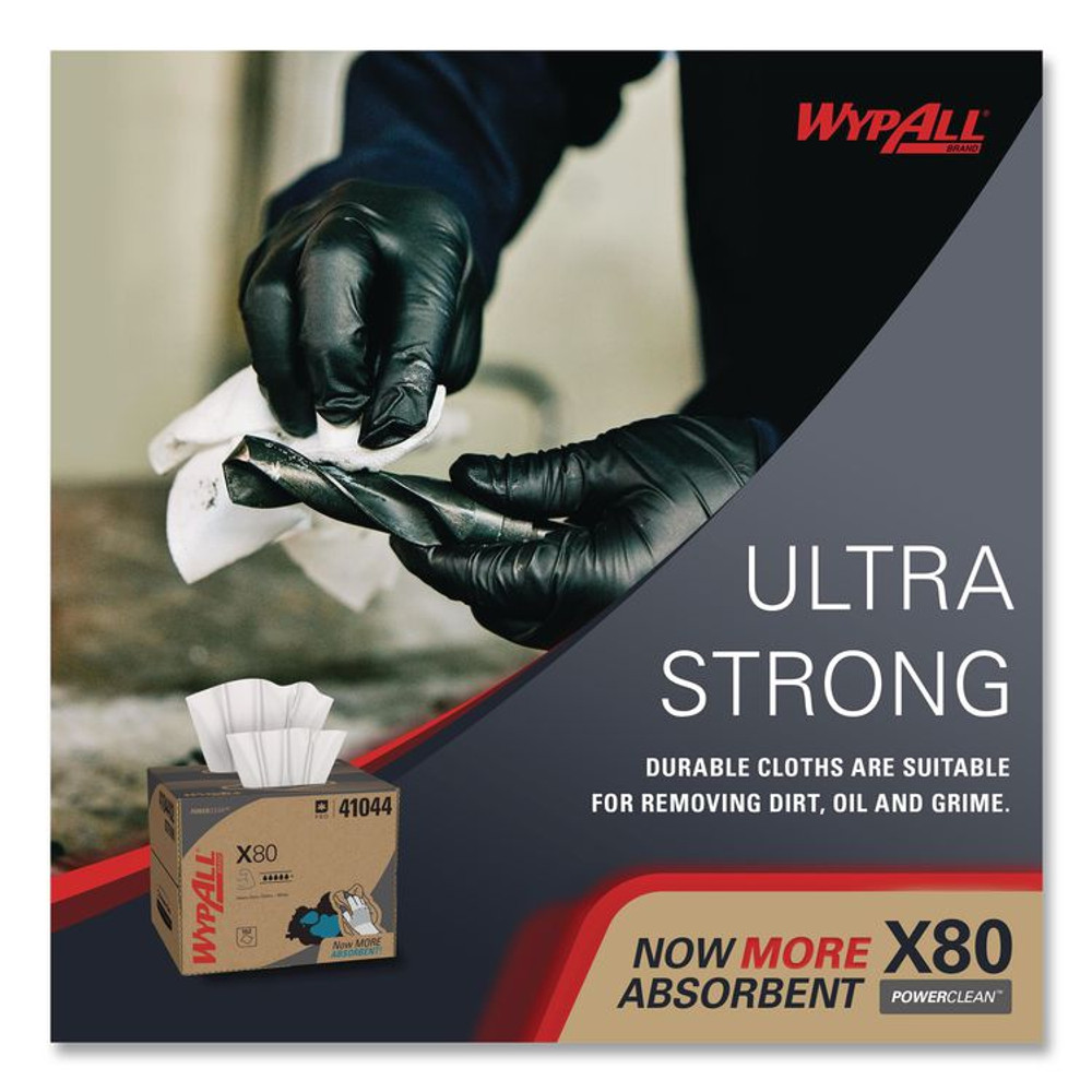 KIMBERLY-CLARK PROFESSIONAL WypAll® 41044 Power Clean X80 Cloths, HYDROKNIT, BRAG Box, 11.1 x 16.8, White, 152/Carton
