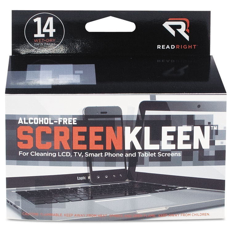READ/RIGHT RR1291 ScreenKleen Alcohol-Free Wipes, Cloth, 5 x 5, Unscented, 14/Box