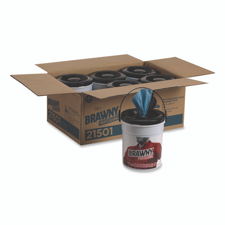 GEORGIA PACIFIC Brawny® Professional 21501 Wet Hand Towels, 1-Ply, 8.6 x 12.2, Fresh Scent, Blue, 84/Pail, 6/Carton